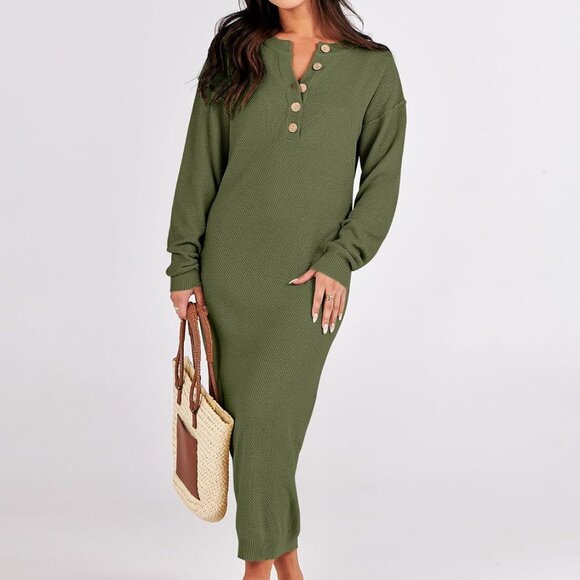 Women Long Sleeve Button V Neck Casual Loose Fit Waffle Knit Dress Green - Picture 1 of 8